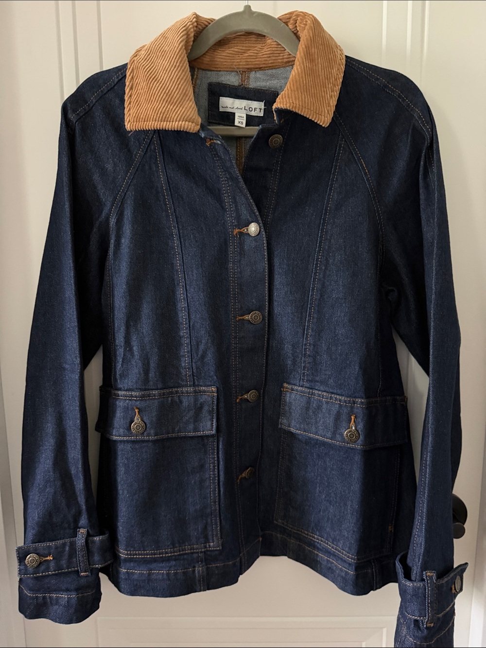 LOFT Dark Indigo Denim Barn Jacket with Tan Corduroy Collar